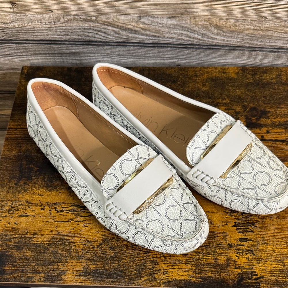Calvin Klein White Monogram Penny Loafers with Gold Accent